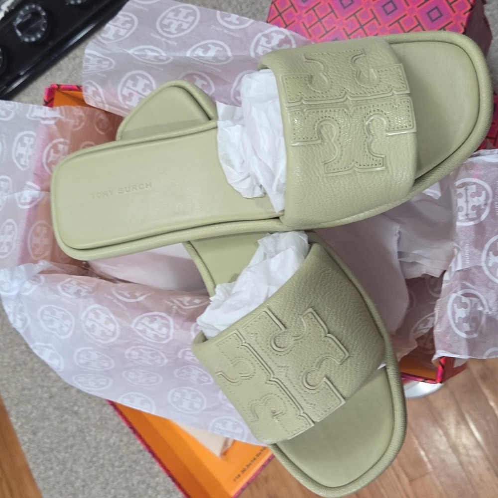 Tory Burch Double T Sport Slide Tumbled Leather